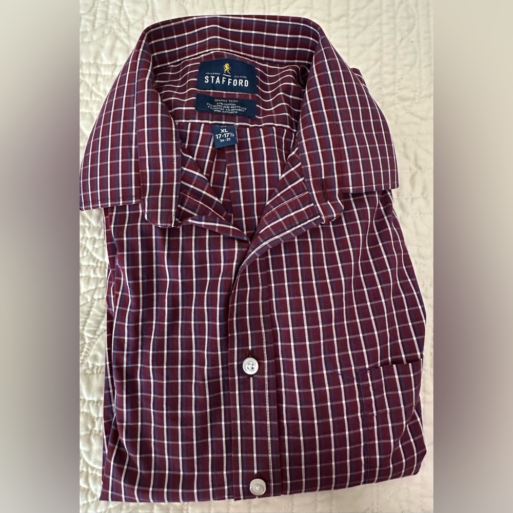 Stafford Men's Burgundy and White Plaid Shirt